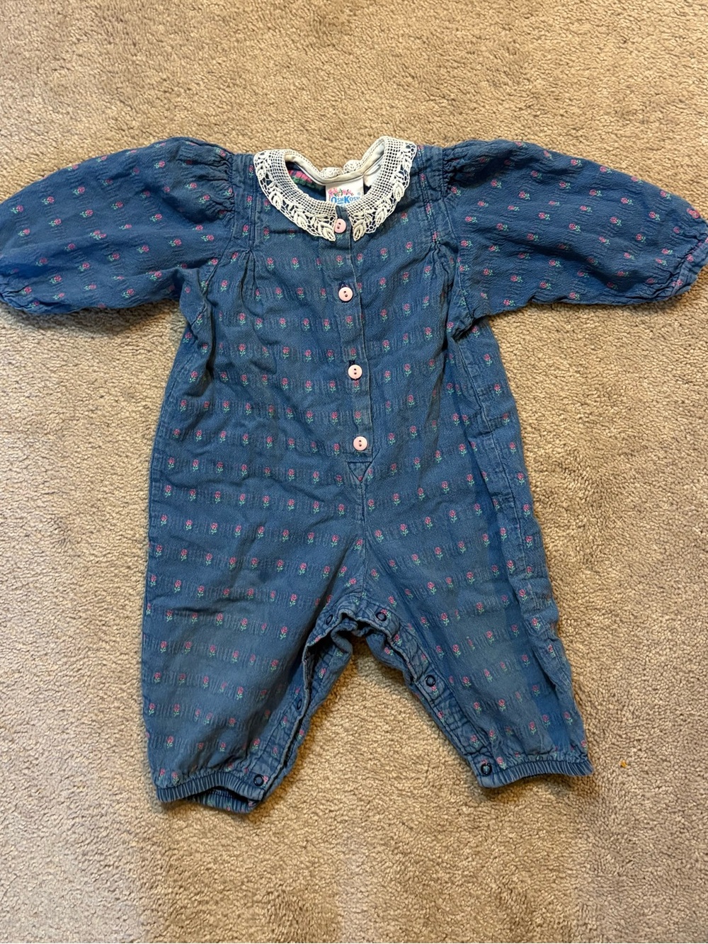 Vintage 90’s OshKosh B'gosh Blue Floral Baby One-Piece with Lace Collar